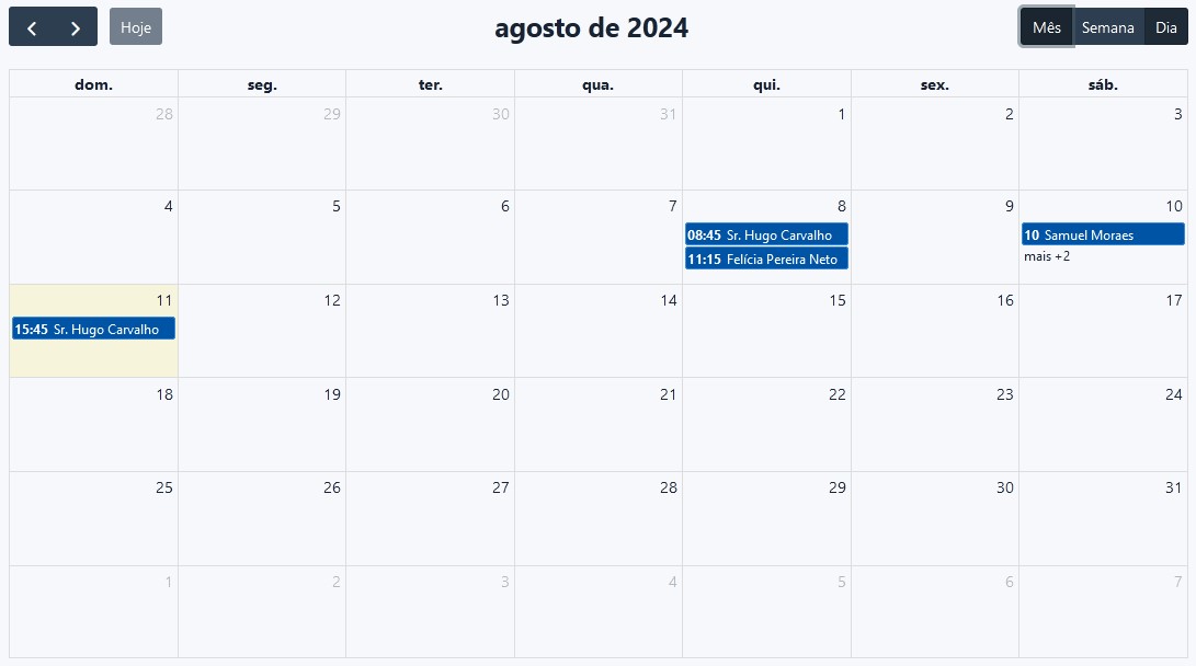 Calendário em vista mensal de atendimentos